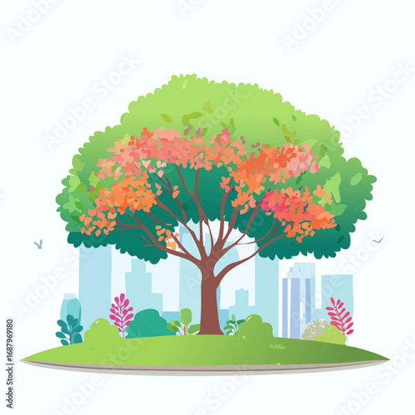 Fototapeta Vector watercolor blooming flower tree or forest side view isolated on white background for landscape and architecture drawing,elements for environment or and garden,botanical for section in .