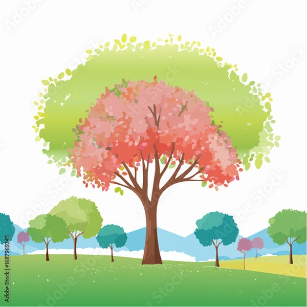 Fototapeta Vector watercolor blooming flower tree or forest side view isolated on white background for landscape and architecture drawing,elements for environment or and garden,botanical for section in .