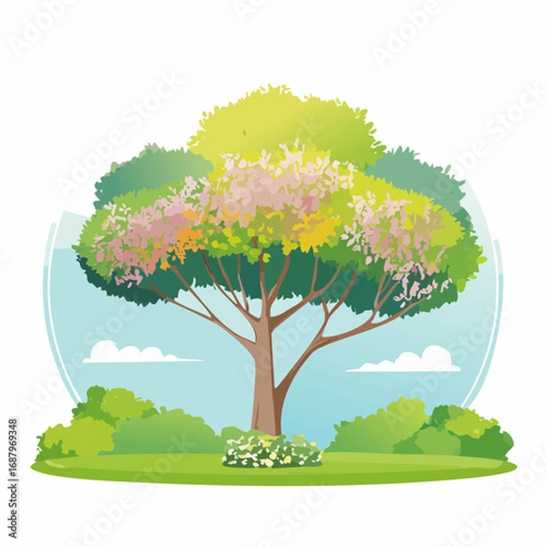 Fototapeta Vector watercolor blooming flower tree or forest side view isolated on white background for landscape and architecture drawing,elements for environment or and garden,botanical for section in .