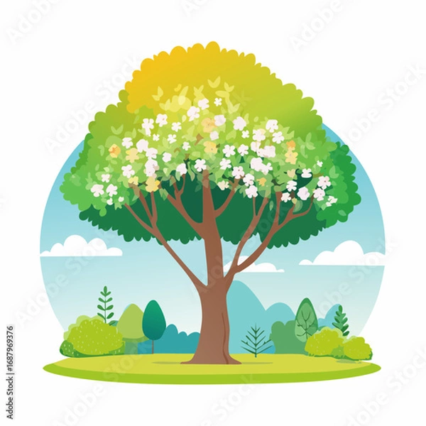 Fototapeta Vector watercolor blooming flower tree or forest side view isolated on white background for landscape and architecture drawing,elements for environment or and garden,botanical for section in .