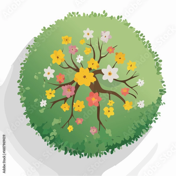 Fototapeta Vector watercolor tree top view isolated on white background for landscape plan and architecture layout drawing, elements for environment and garden, blossom grass illustration,flower .