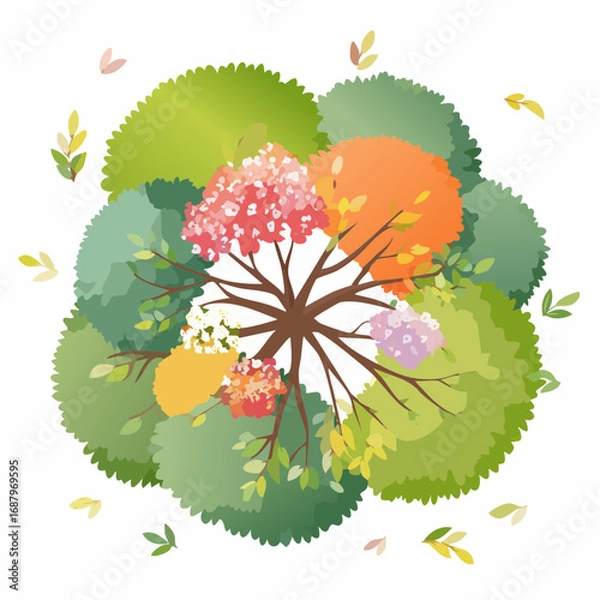 Fototapeta Vector watercolor tree top view isolated on white background for landscape plan and architecture layout drawing, elements for environment and garden, blossom grass illustration,flower .