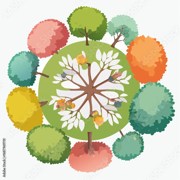 Fototapeta Vector watercolor tree top view isolated on white background for landscape plan and architecture layout drawing, elements for environment and garden, blossom grass illustration,flower .