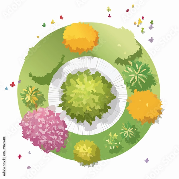 Fototapeta Vector watercolor tree top view isolated on white background for landscape plan and architecture layout drawing, elements for environment and garden, blossom grass illustration,flower .