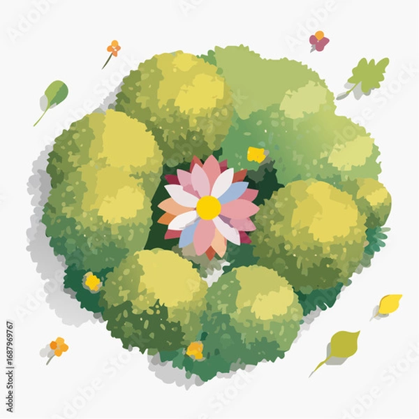 Fototapeta Vector watercolor tree top view isolated on white background for landscape plan and architecture layout drawing, elements for environment and garden, blossom grass illustration,flower .