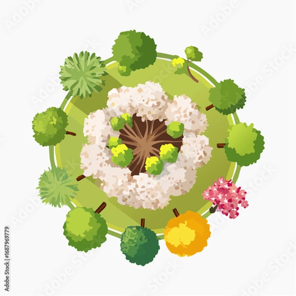 Fototapeta Vector watercolor tree top view isolated on white background for landscape plan and architecture layout drawing, elements for environment and garden, blossom grass illustration,flower .