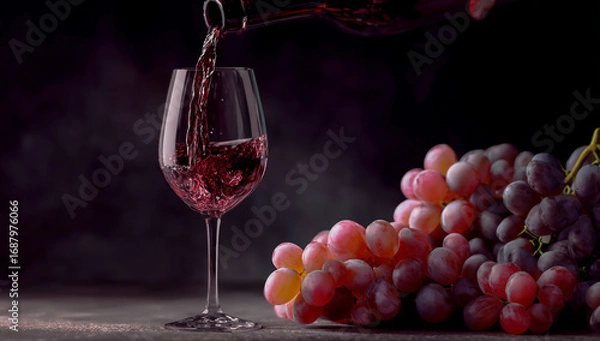 Fototapeta Red wine is poured into the glass, next to it there is an elegant bunch of grapes on a black background