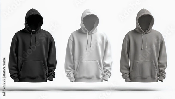 Fototapeta Set of black, white, and grey hooded sweatshirts with no face on an isolated background.