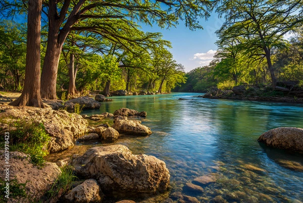 Fototapeta The Guadalupe River in the spring, blue water, green trees, rocks on the shore, clear sky, professional photography in the style