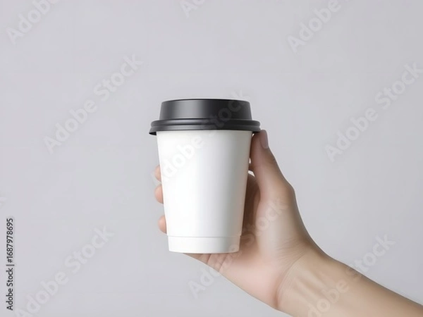 Fototapeta Elegant hand presenting a clean white coffee cup with a sleek black lid, perfect for branding and cafe promotions, offering a moment of delicious refreshment.