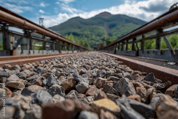 Fototapeta The long iron belt is filled with pebbles and rocks, and the distant green mountains under a blue sky can be seen in the background