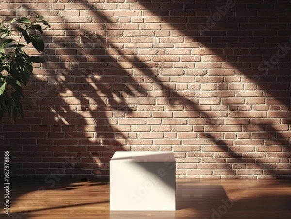 Fototapeta flawless image of White cube podium on hardwood floor in front of brick wall Tree plant shadow Pedestal product scene or stage