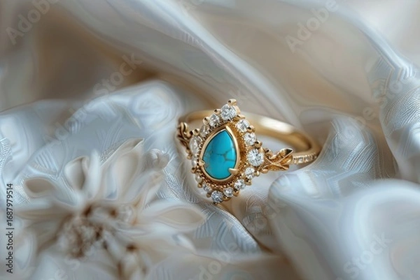 Fototapeta High Quality Picture of Turquoise and Diamond Boho Ring Elegance on White