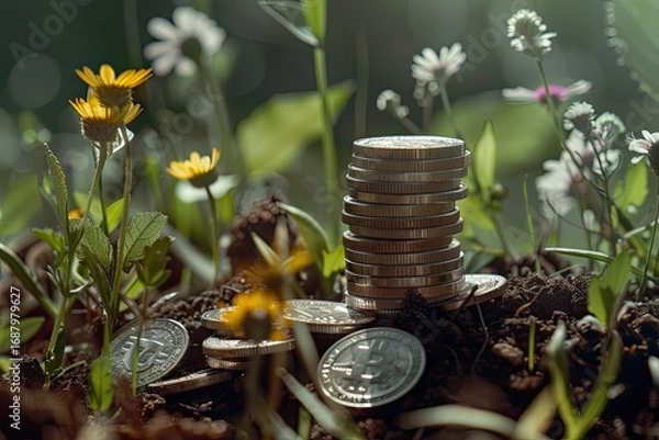 Fototapeta Ultra Quality Image of Coins Stacked on Dirt with Plants