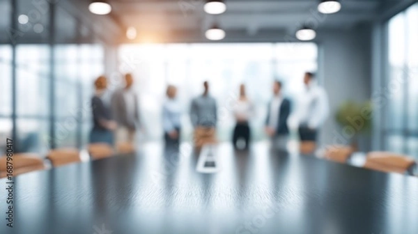 Fototapeta Blurred Conference Room with Business People Engaged in Discussion in a Modern Office Environment during Daytime with Natural Light Streaming In