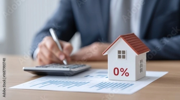 Fototapeta Close-Up of Businessman Calculating Financial Investment with Model House Displaying Zero Percent Interest Rate on Table Surrounded by Financial Documents