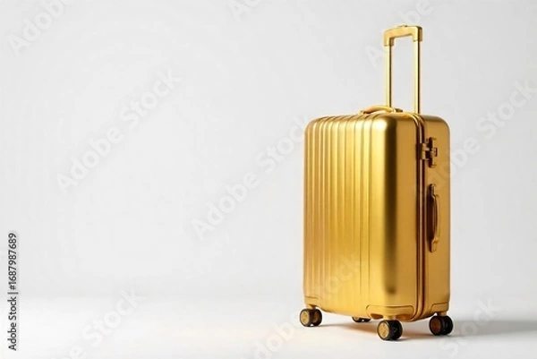 Fototapeta Gleaming golden luggage sits on a pristine white background, ready for a luxurious journey Its elegant design and rich color suggest high-end travel and sophistication , exploration, glamour