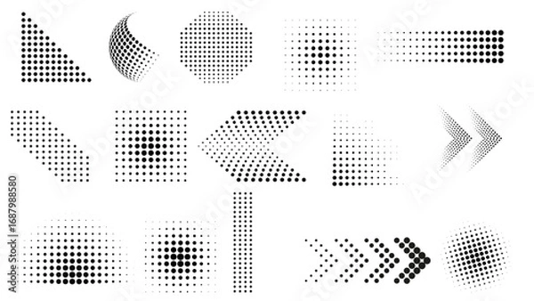 Fototapeta Dotted shape. Abstract halftone dot pattern with half tone gradient shapes. Vector set