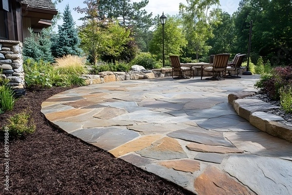 Obraz Elegant Curved Flagstone Patio Leading to Outdoor Dining in a Serene Garden.