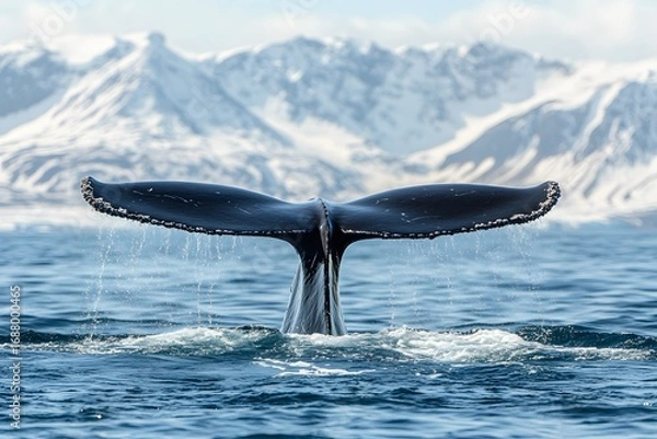 Obraz Majestic Whale Tail Emerging from Arctic Waters, Snowy Peaks Background.