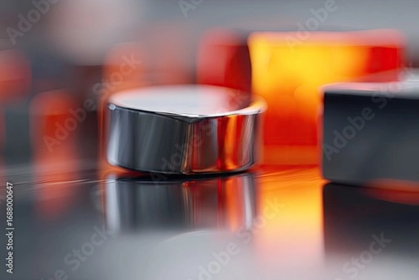 Fototapeta Polished metallic disc and glowing cubes on a reflective surface.
