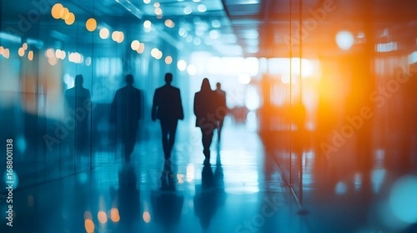Obraz Silhouetted Business Team Striding Through a Futuristic Blue Hallway Toward a Golden Light.