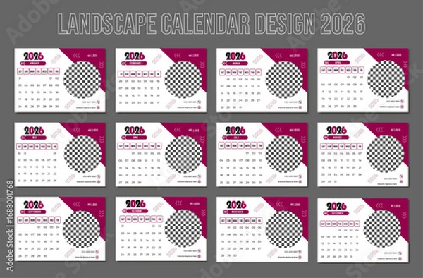 Fototapeta Modern 2026 table or desk Calendar Template, 12 Page Monthly Planner Design with Logo Space