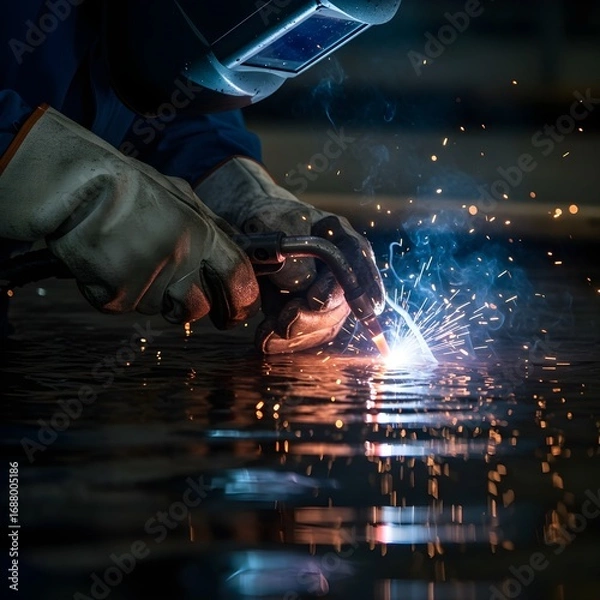 Fototapeta Welder's Hands in Protective Gloves Performing a Precision Weld on a Reflective Wet Surface.