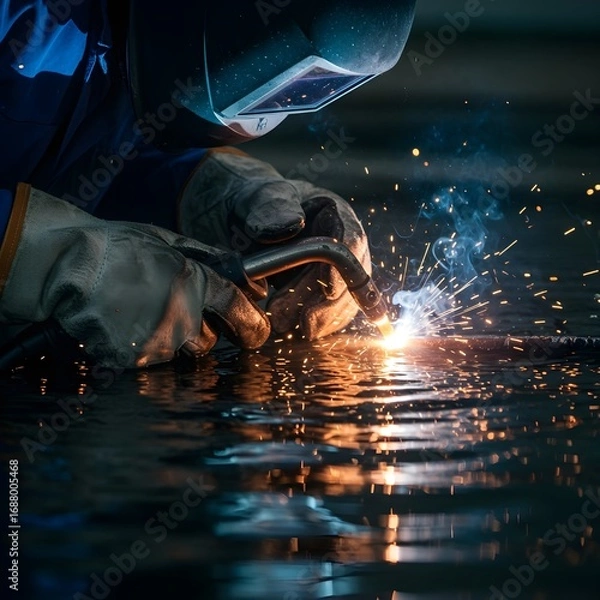 Fototapeta Close-Up of a Stick Welding Process with Smoke and Sparks on a Wet Reflective Floor.