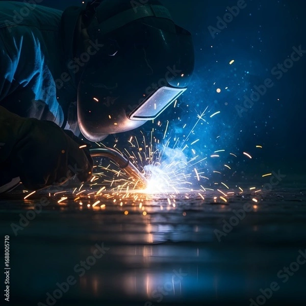Fototapeta Extreme Close-Up of Welding Arc with Bright Sparks Flying on a Wet Metal Surface.