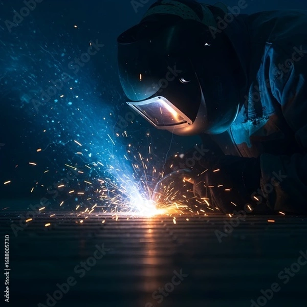 Fototapeta Profile of a Welder in a Protective Helmet Surrounded by Blue Smoke and Bright Sparks.