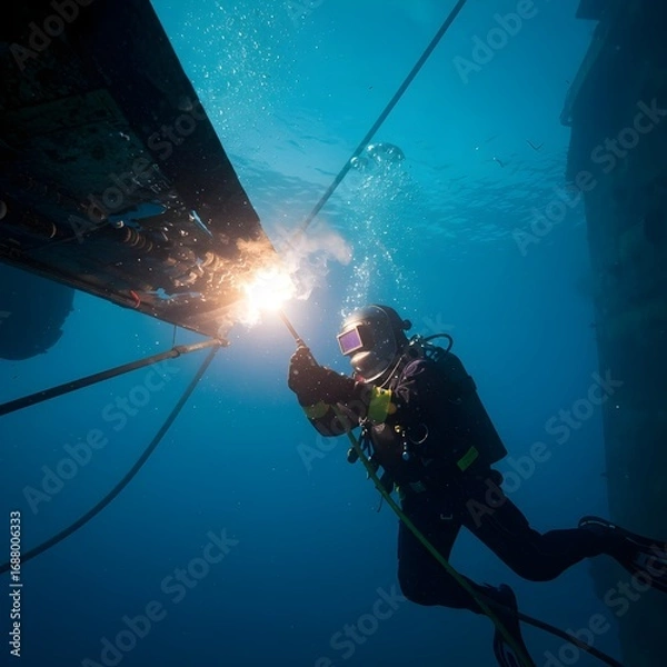 Fototapeta Underwater Welder Working on a Ship Hull with Light from the Water's Surface.