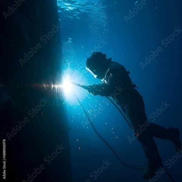 Fototapeta Backlit Underwater Welder Repairing a Massive Ship Hull in the Deep Ocean.
