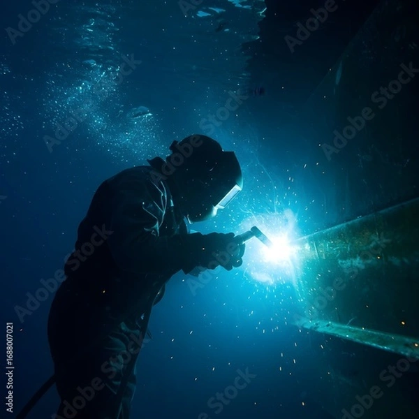 Fototapeta Silhouette of a Diver Welder Working Underwater with a Bright Luminous Arc Light.