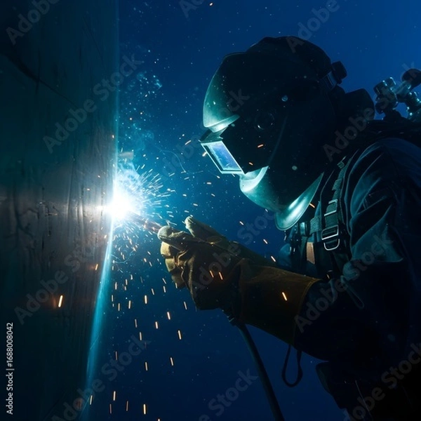 Fototapeta Close-Up Profile of a Diver's Welding Helmet with Arc Reflection in the Visor.
