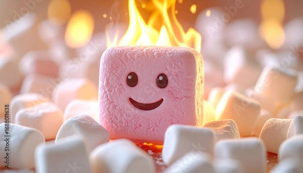 Fototapeta Burning Marshmallow: A single pink marshmallow, animated with a cheerful face, is engulfed in vibrant flames, nestled amidst a pile of soft, fluffy marshmallows.