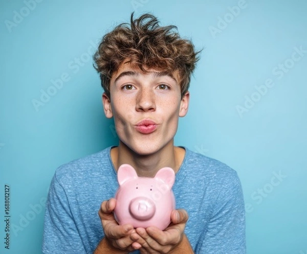 Fototapeta A young man displays a pink piggy bank, displaying a playful expression against a light blue backdrop.