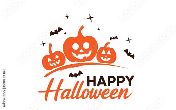 Fototapeta Happy Halloween greets with smiling pumpkins and bats on a transparent background this year