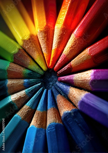 Fototapeta A dynamic collection of colored pencils forms a mesmerizing circle, showcasing an explosion of hues that draws the eye and inspires creativity. Perfect for art lovers.
