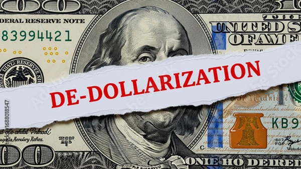 Fototapeta A torn strip of paper with the word "DE-DOLLARIZATION" lies over a hundred-dollar bill, symbolizing the economic trend of shifting away from the US dollar.