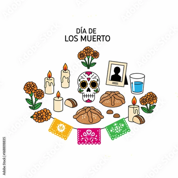 Fototapeta Illustration of a Dia de los Muertos altar with candles, marigolds, pan de muerto, a skull, a picture frame, and colorful papel picado banners.