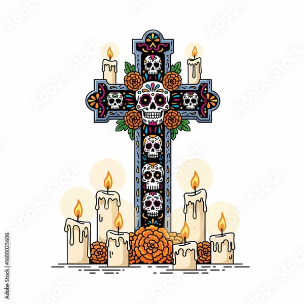 Fototapeta Colorful bouquet of marigold flowers, decorated with Day of the Dead skulls and papel picado, festive and symbolic.