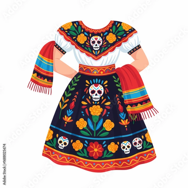 Fototapeta Colorful bouquet of marigold flowers, decorated with Day of the Dead skulls and papel picado, festive and symbolic.
