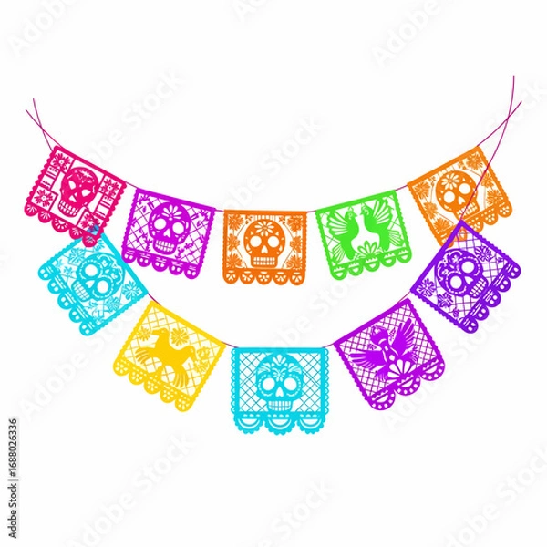 Fototapeta Festive Mexican papel picado garland with colorful, intricate cut-out designs of skulls and birds for a Day of the Dead celebration.