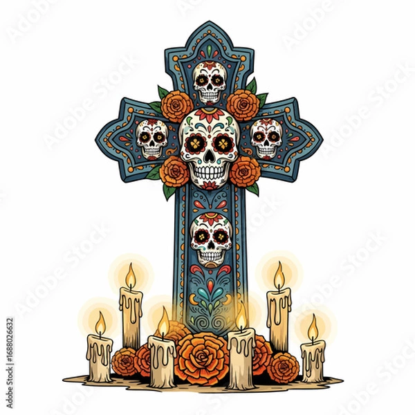 Fototapeta Intricately decorated cross adorned with skulls, marigolds, and burning candles, celebrating the Day of the Dead.