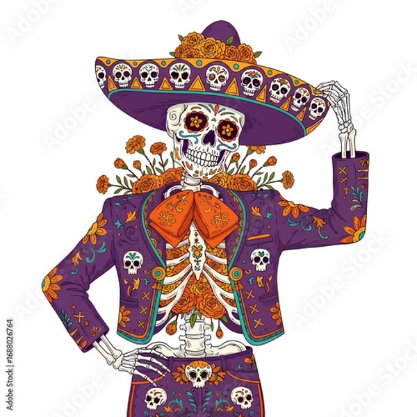 Fototapeta A vibrantly decorated skeleton in traditional attire, adorned with flowers and a sombrero, posing confidently.