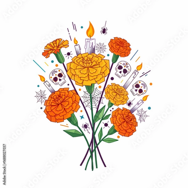Fototapeta Colorful bouquet of marigold flowers, decorated with Day of the Dead skulls and papel picado, festive and symbolic.