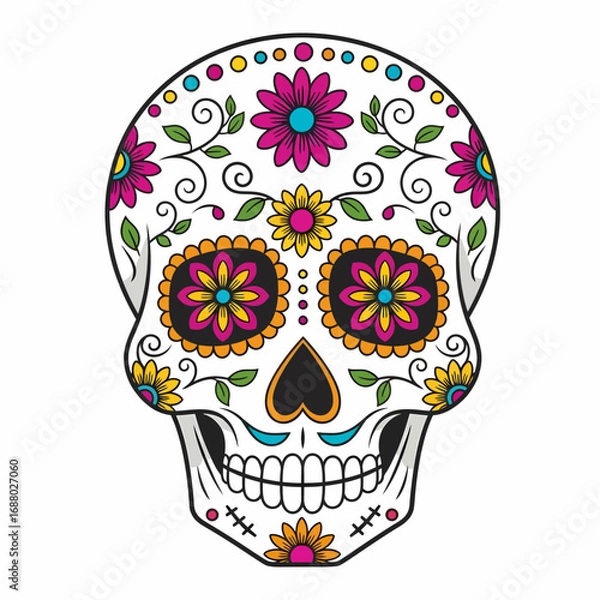 Fototapeta Colorful bouquet of marigold flowers, decorated with Day of the Dead skulls and papel picado, festive and symbolic.