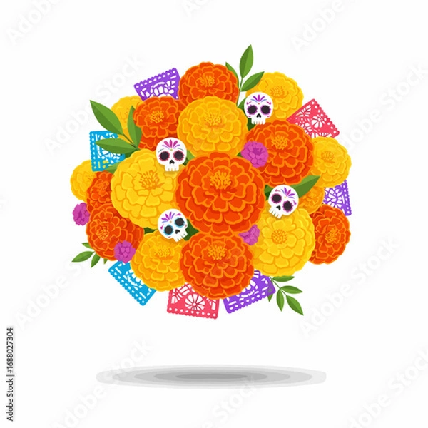 Fototapeta Colorful bouquet of marigold flowers, decorated with Day of the Dead skulls and papel picado, festive and symbolic.