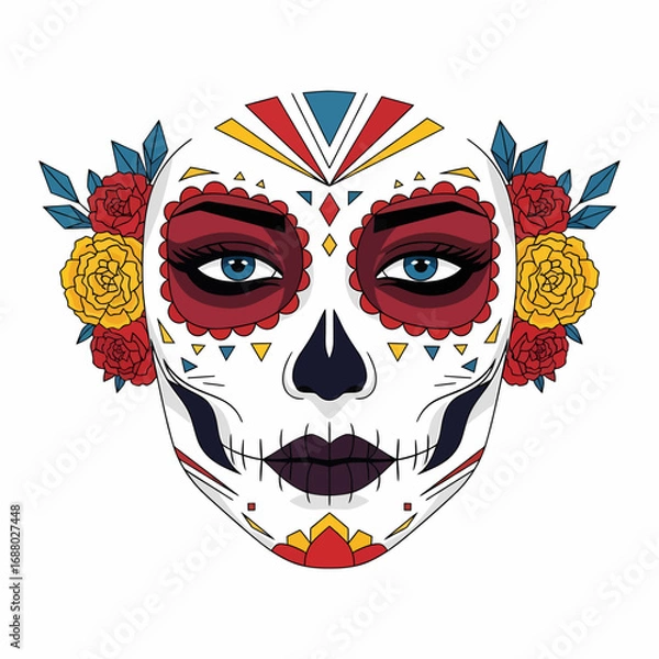 Fototapeta A stylized Calavera Catrina face, adorned with vibrant geometric patterns and yellow roses.